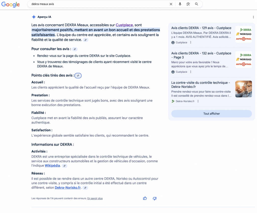 AI Overview Google affichant des avis Custplace sur l’accueil et la satisfaction