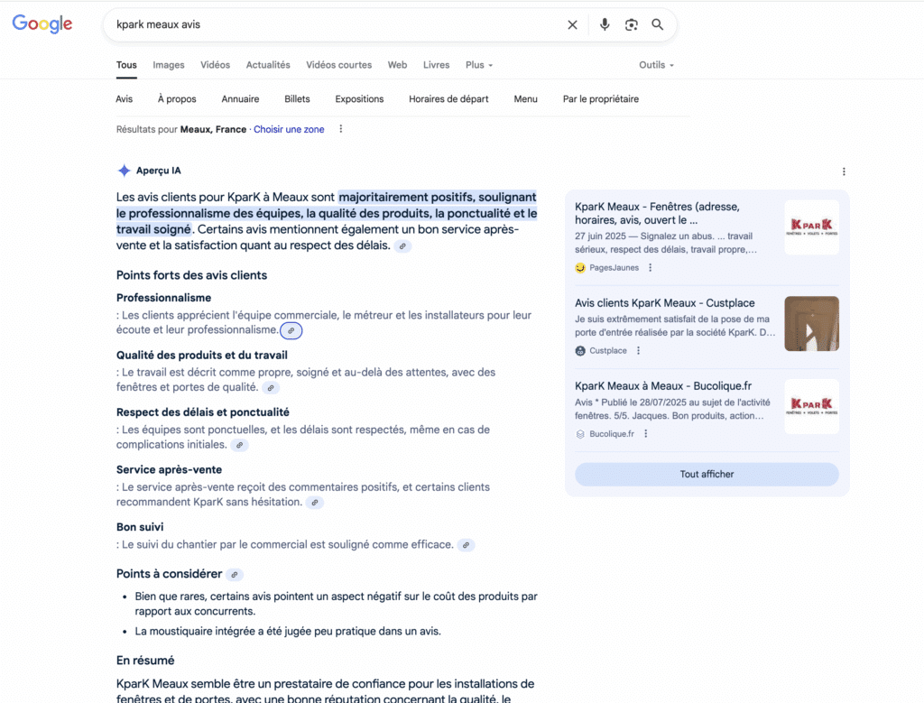 AI Overview Google citant des avis Custplace sur le professionnalisme et les délais