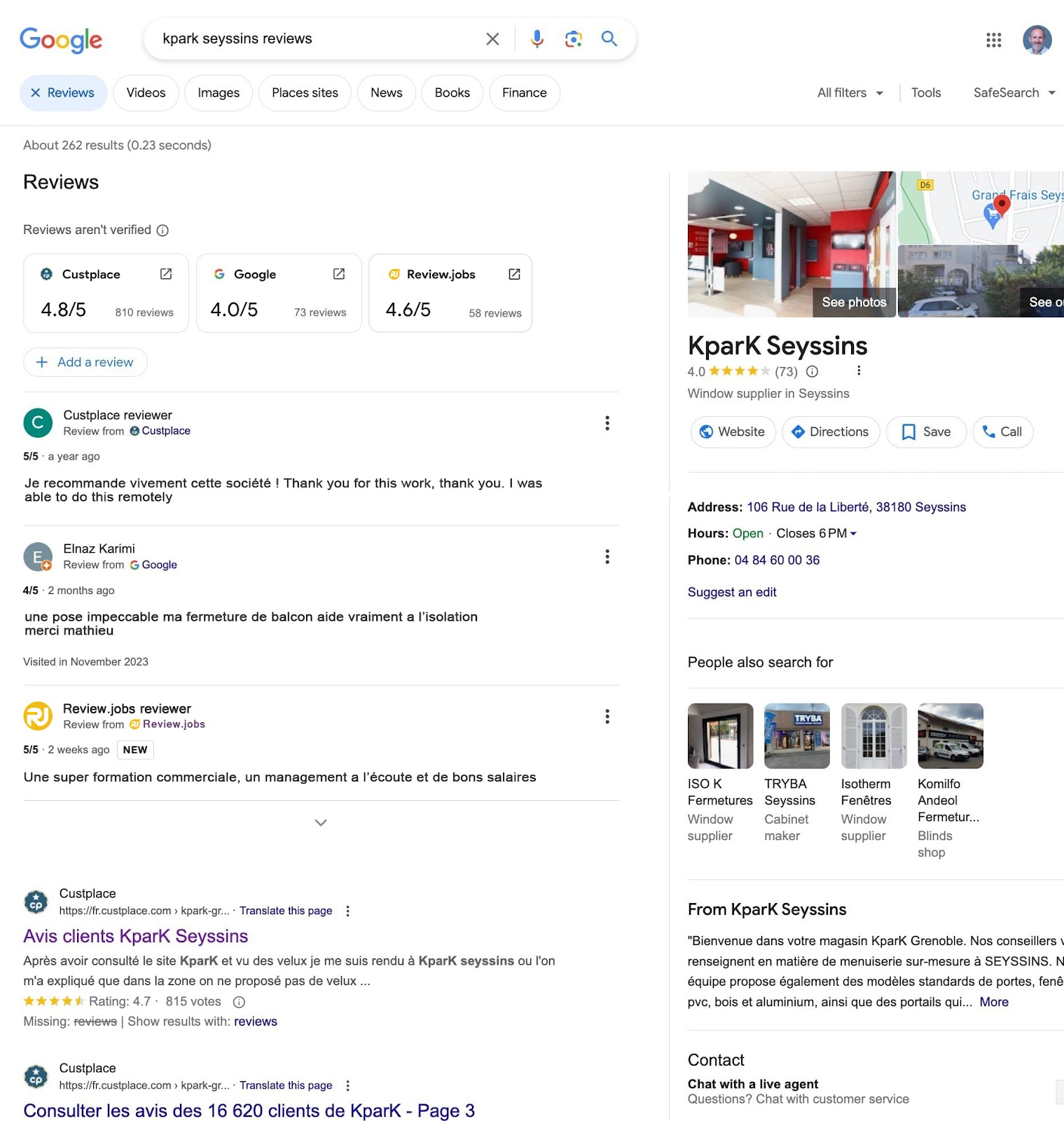 Capture d'écran du Google Review Pack pour KparK Seyssins, affichant les avis provenant de Custplace, Google et Review.jobs.