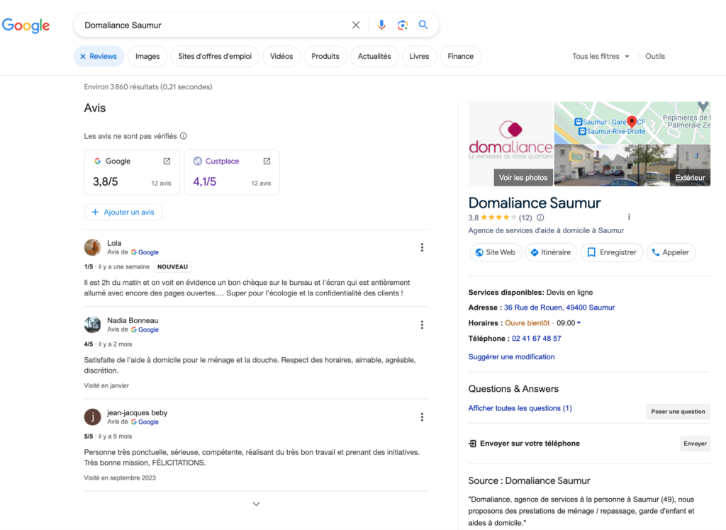 Le nouvel affichage des avis clients de Domaliance Saumur met en avant les avis Google et Custplace en premier plan.