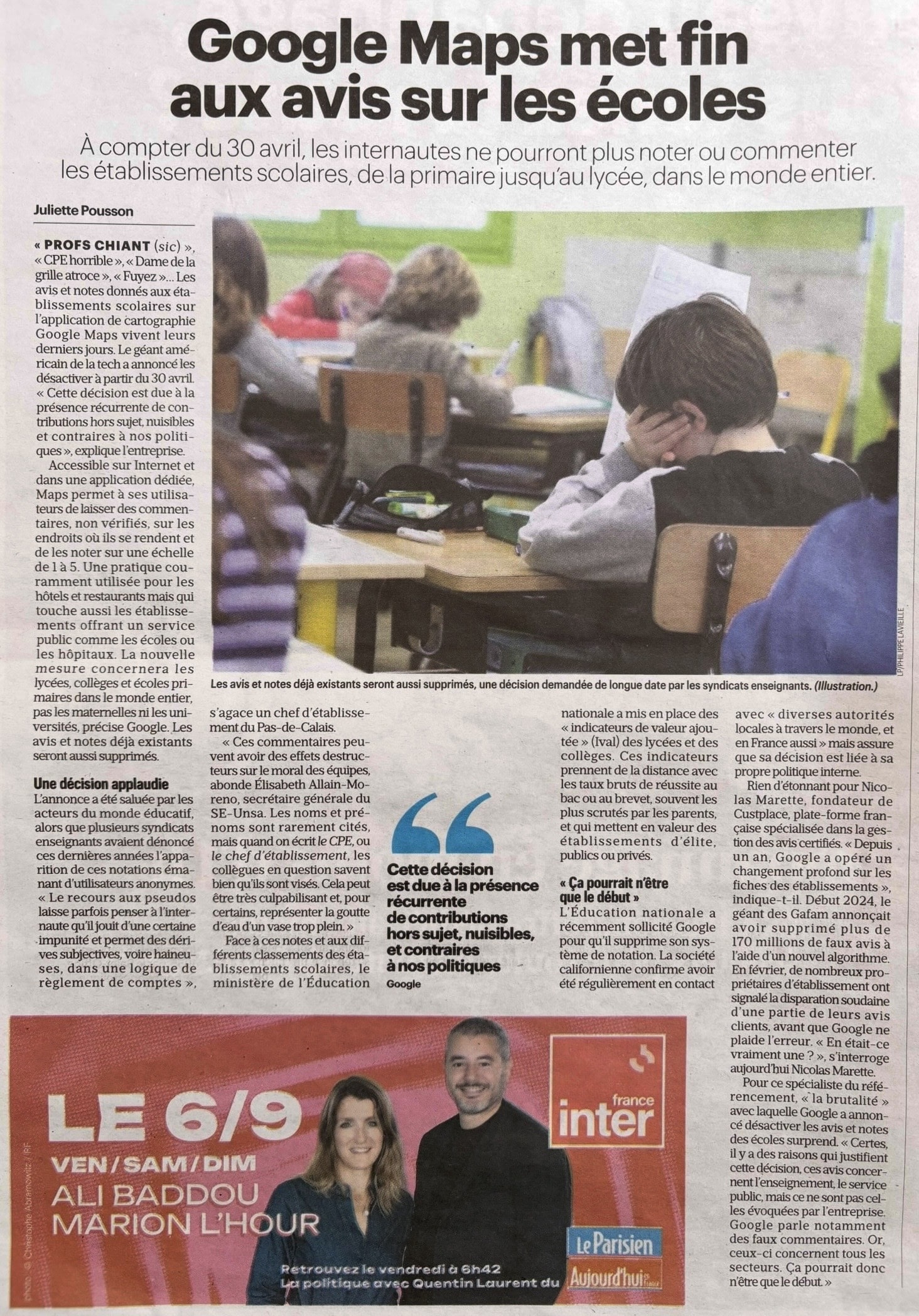 Article papier du Parisien annonçant la fin des avis Google sur les écoles dès avril 2025.