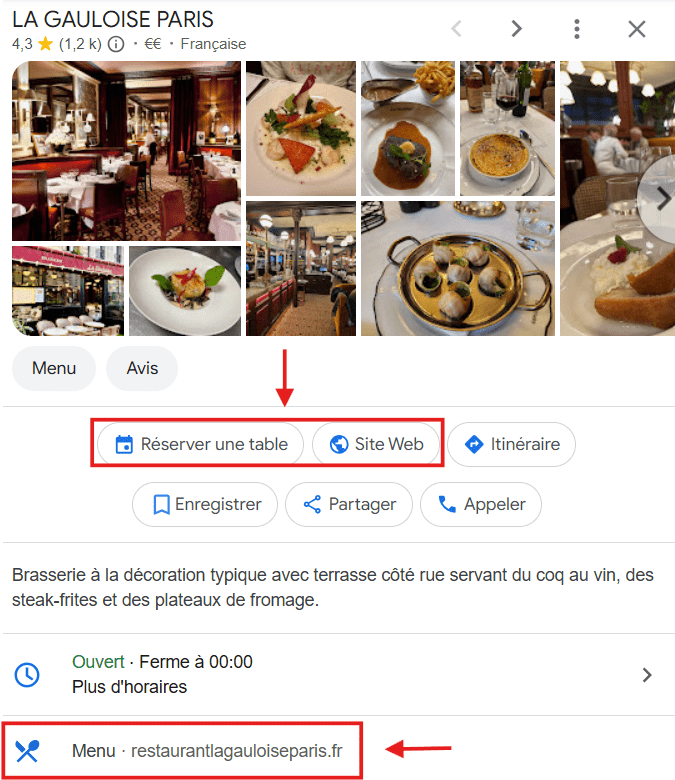 Capture d'écran d'une fiche Google Business Profile du restaurant La Gauloise Paris, montrant les boutons 'Réserver une table', 'Site Web' et 'menu'