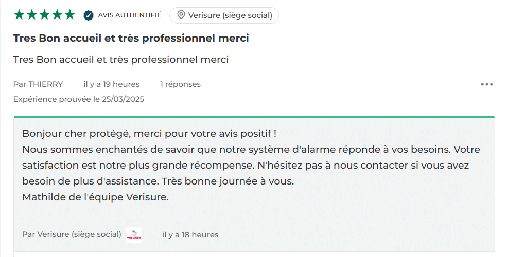 Exemple de réponse personnalisée à un avis client positif sur une alarme Verisure.