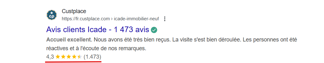 Icade sur Custplace : 1 473 avis clients avec une note moyenne de 4,3 sur 5