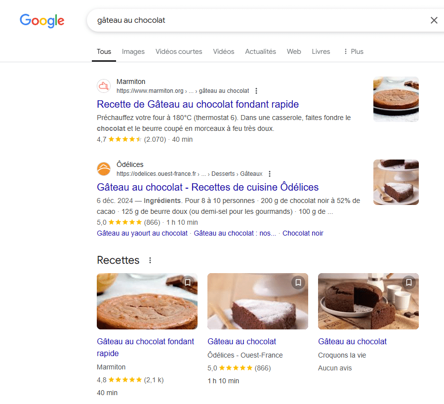 Résultats Google pour "gâteau au chocolat" avec recettes notées de Marmiton et Ôdélices