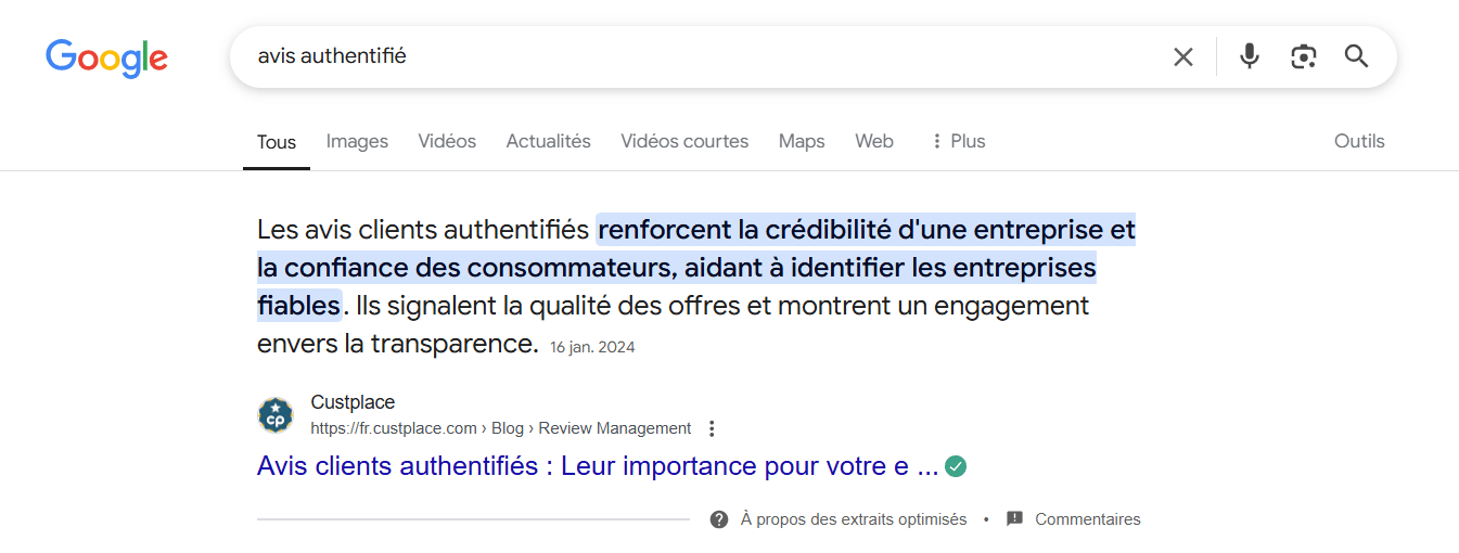 Extrait enrichi Google (featured snippet) sur les avis authentifiés dans les résultats de recherche
