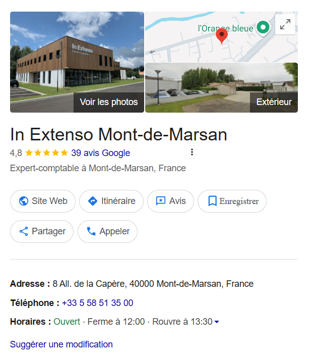  Fiche Google Business Profile de In Extenso Mont-de-Marsan affichant l’adresse, les horaires et les avis clients (39 avis, note 4,8).