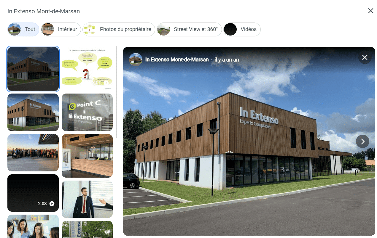 Page Google Business Profile de In Extenso Mont-de-Marsan affichant un carrousel de photos, dont des images extérieures du bâtiment en bois, une vidéo, des images de l’intérieur et des photos de l’équipe. 