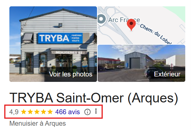  Fiche Google TRYBA Saint-Omer (Arques) avec 466 avis et note 4,9 sur 5 