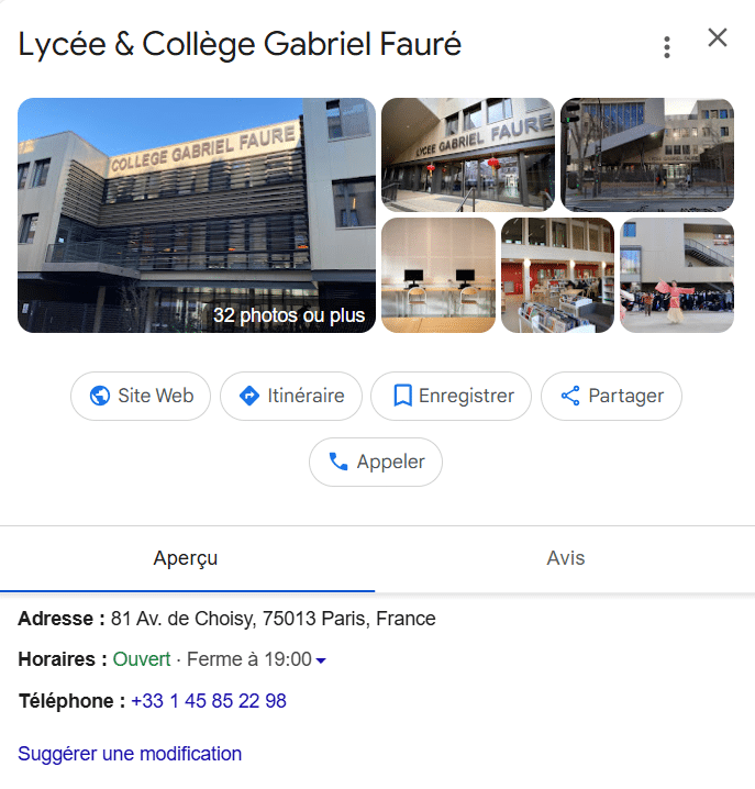 Fiche Google du Lycée & Collège Gabriel Fauré à Paris avec photos, infos pratiques et contacts.