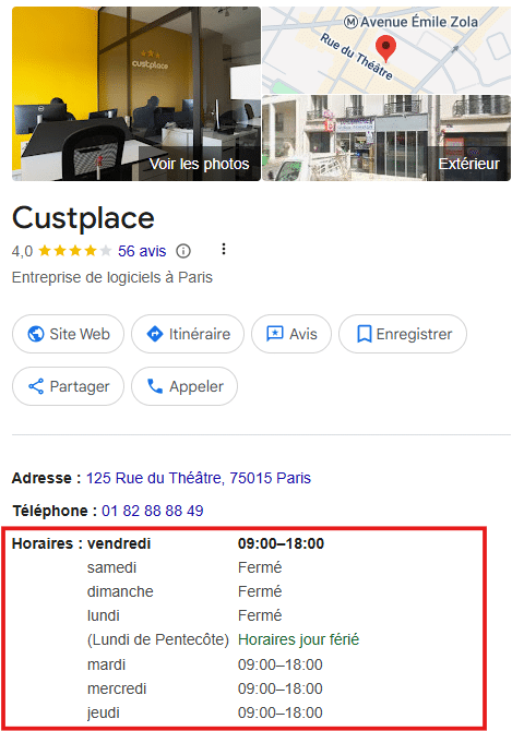 Fiche Custplace Google avec horaires détaillés et mention jour férié sur la fiche établissement 