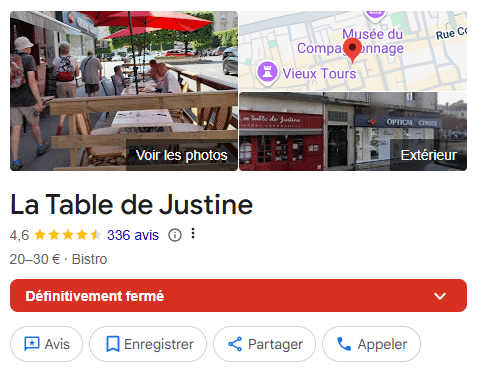  Fiche Google de La Table de Justine indiquée comme définitivement fermée 