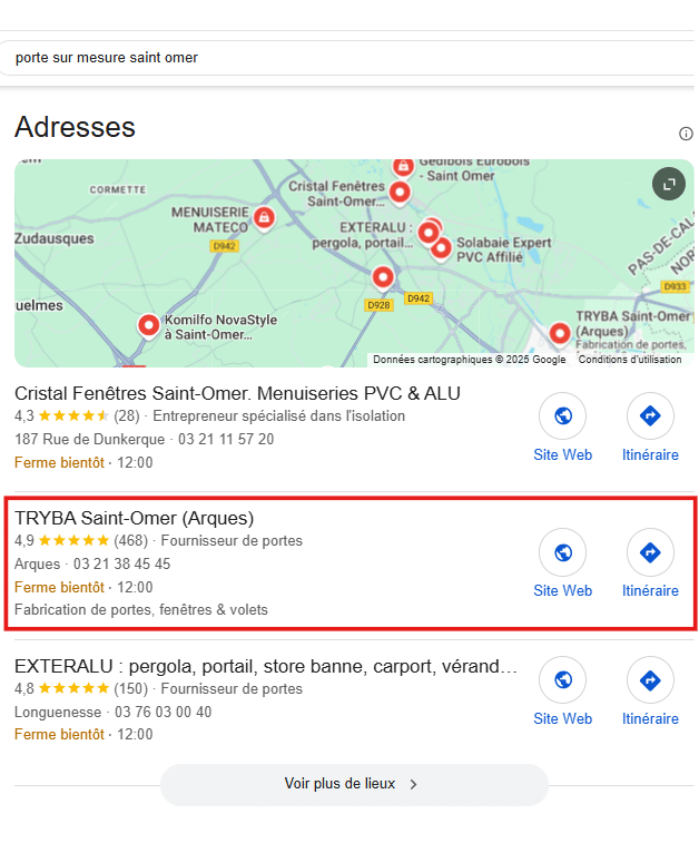 Résultat Local Pack pour “porte sur mesure Saint-Omer” avec TRYBA en 2ème position