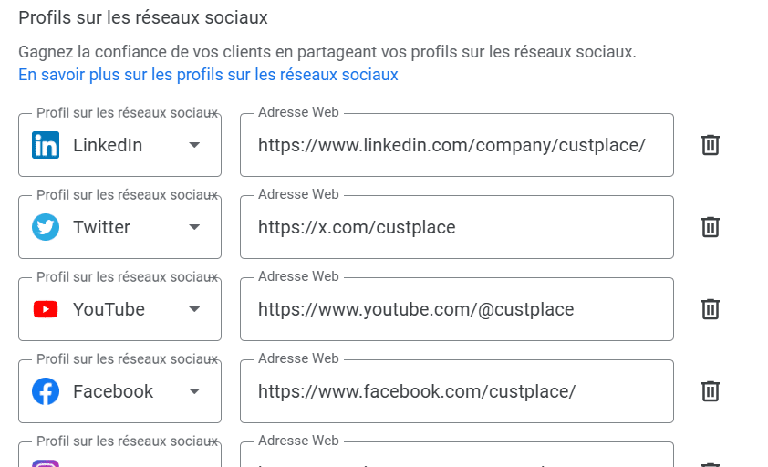 Formulaire Google pour renseigner les profils sociaux d’une fiche Google Business Profile