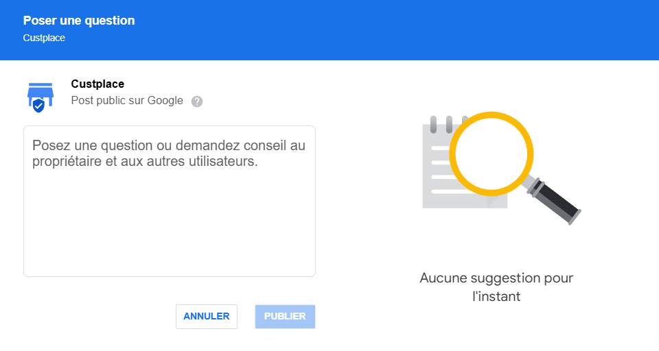Fenêtre de saisie d’une question sur la fiche Google d’un établissement