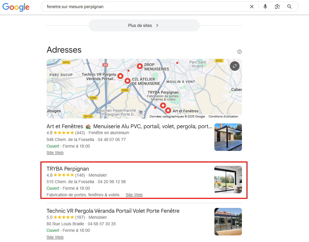 Résultats Local Pack Google avec fiche TRYBA Perpignan notée 4,8 étoiles sur 148 avis