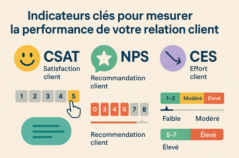 Infographie illustrant les indicateurs CSAT, NPS et CES pour évaluer la performance relation client.