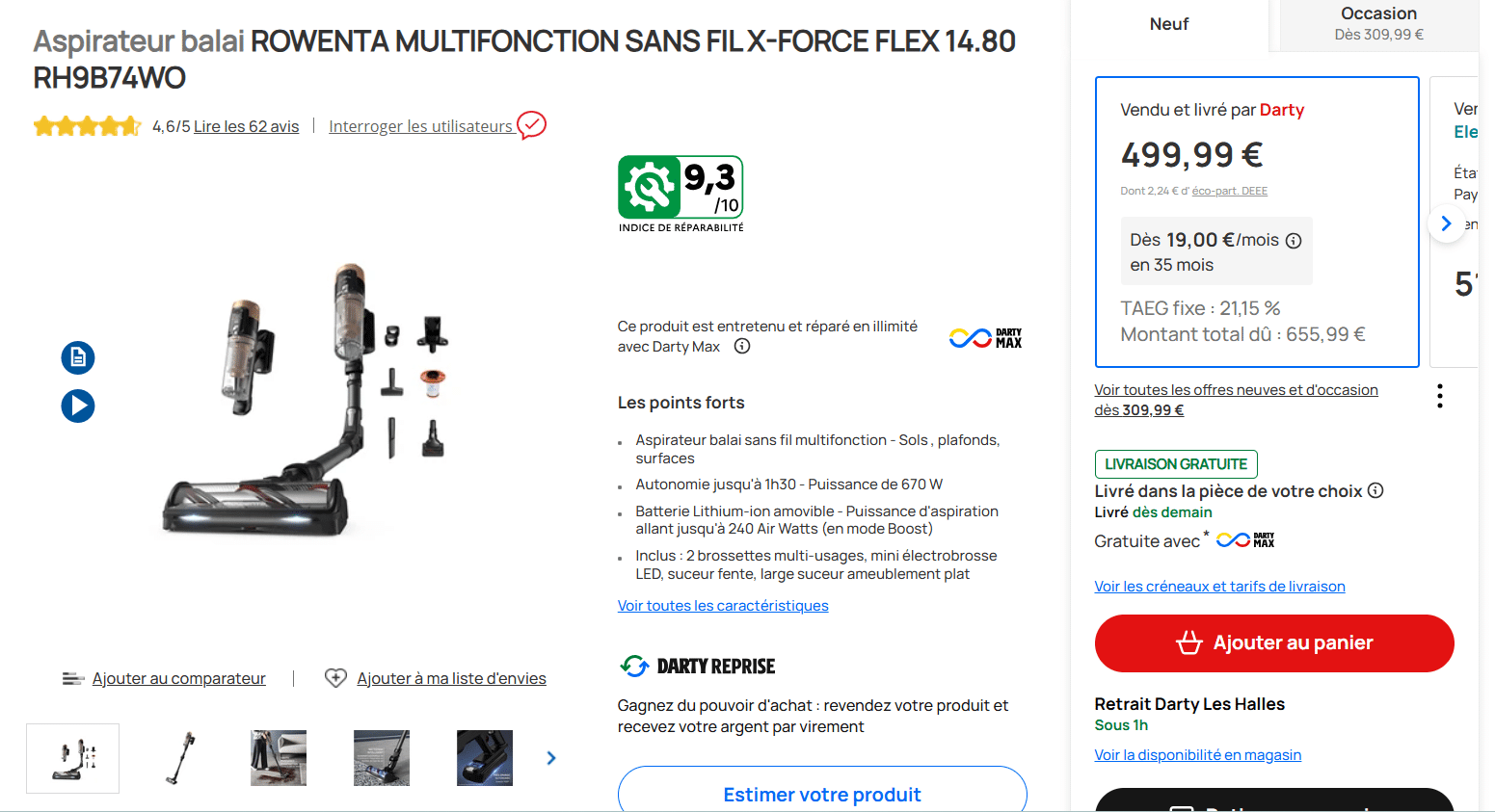 Page produit Darty d’un aspirateur Rowenta avec avis, prix, fiche technique et options de livraison.