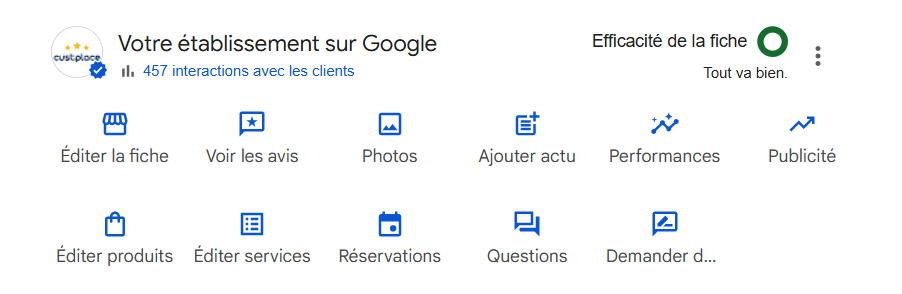 Tableau de bord Google Business avec options pour gérer fiche, avis, services et performances.