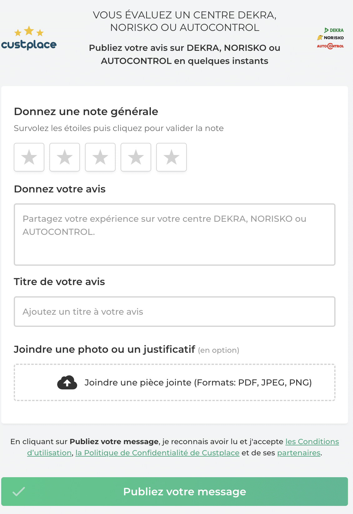 page de collecte d'avis Custplace certifié NF "gestion des avis"
