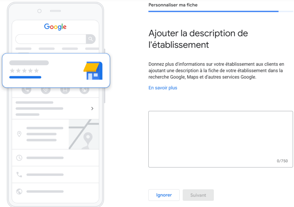 Interface de Google Business Profile pour ajouter une description d’entreprise, avec aperçu sur mobile