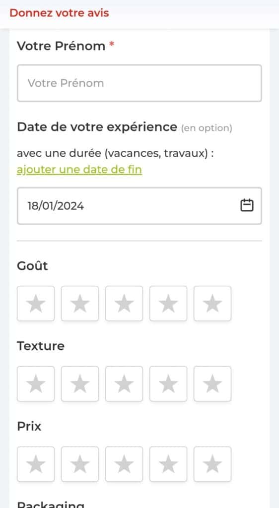 L'image montre une interface utilisateur pour laisser un avis sur un produit Herta.
on trouve plusieurs catégories pour évaluer le produit en question avec un système d'étoiles, allant de une à cinq étoiles. Les catégories sont "Goût", "Texture", "Prix" et "Packaging". Chaque catégorie a cinq étoiles non remplies, indiquant que l'utilisateur n'a pas encore donné son évaluation.