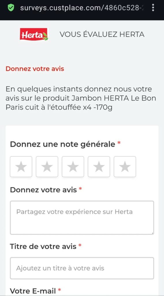 L'image est une capture d'écran d'un formulaire en ligne pour laisser un avis sur un produit de la marque Herta. Chaque champ marqué d'un astérisque rouge indique qu'il s'agit d'une information obligatoire pour soumettre le formulaire.
