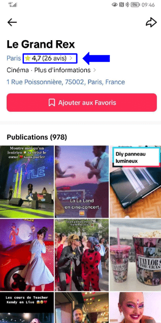 Capture d'écran de la page TikTok du Grand Rex montrant l'utilisation de la fonctionnalité 'avis clients', avec 26 avis et une note moyenne de 4.7 sur 5.