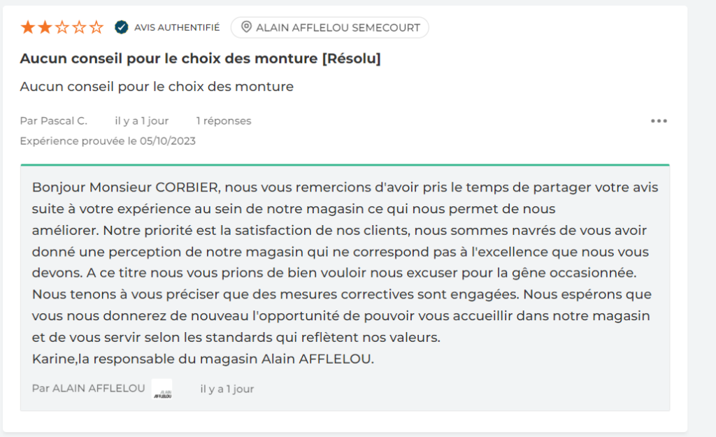 Avis Google négatif : exemple de réponse à une expérience en magasin décevante