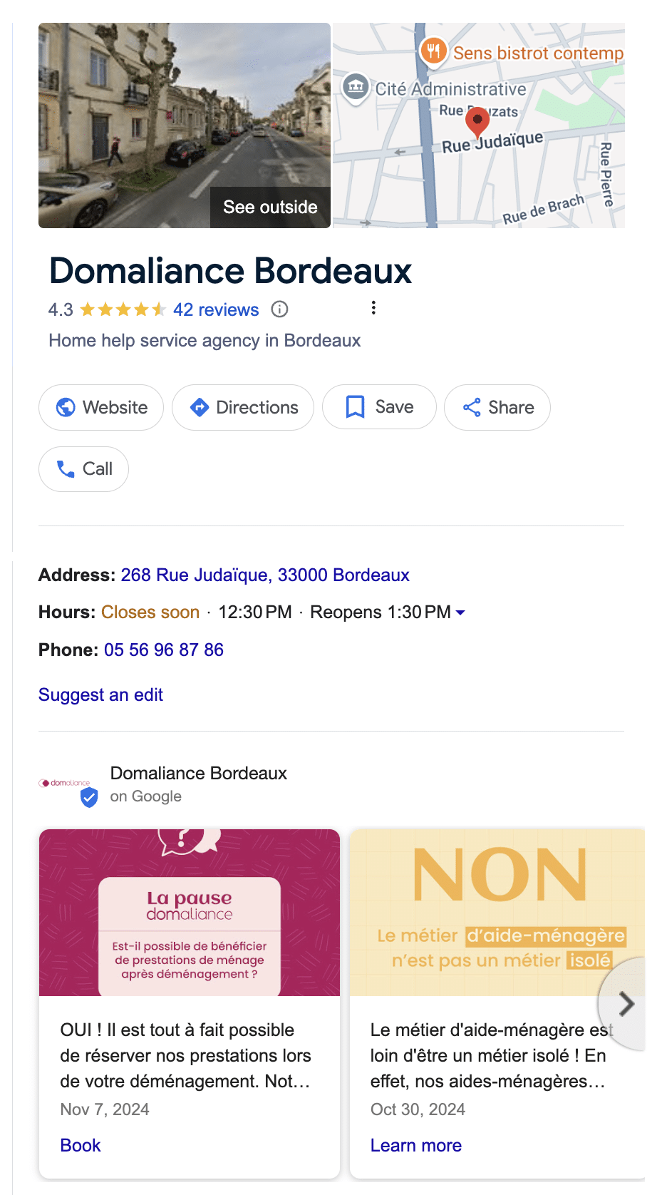Fiche Google Business Profile de Domaliance Bordeaux affichant des avis, horaires et Google Posts.