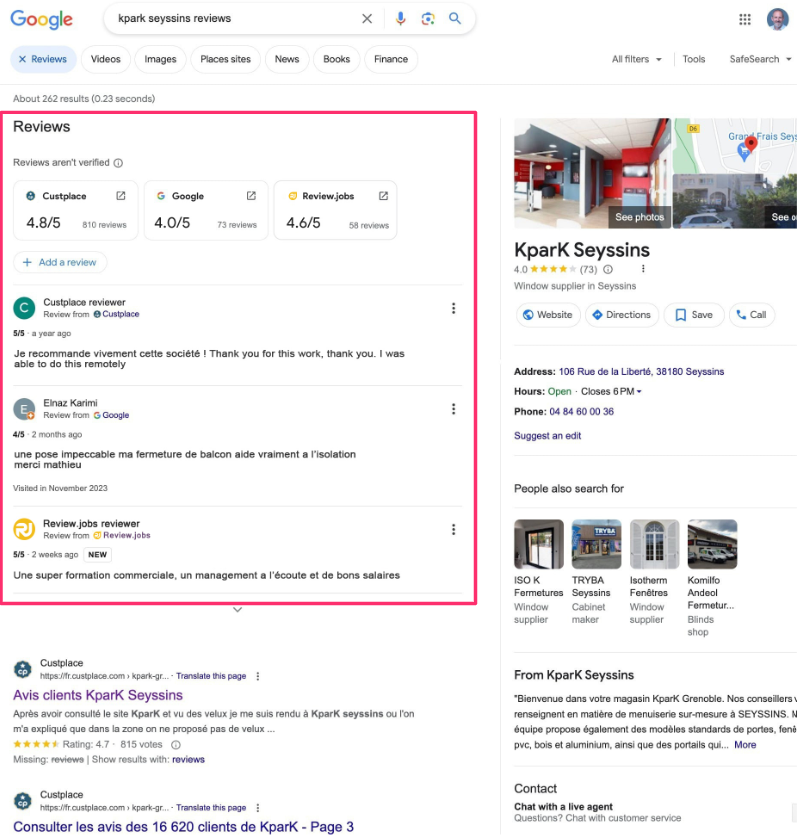 Google review pack, comme résultat de recherche de la requête "kpark seyssins reviews". Le Google review pack affiche les avis issus de Google, Custplace et Review.jobs avec les notes de chaque source.