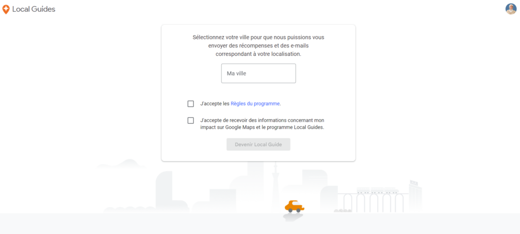 Page d'inscription au programme Local Guides avec un champ pour sélectionner une ville et des cases à cocher pour les règles et les communications par email.