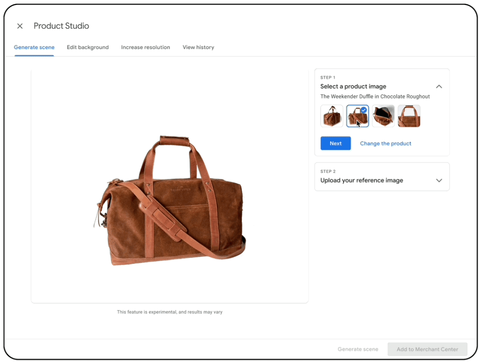 Interface de Product Studio montrant le sac Weekender Duffle, avec options pour générer une scène, éditer l'arrière-plan, et augmenter la résolution.