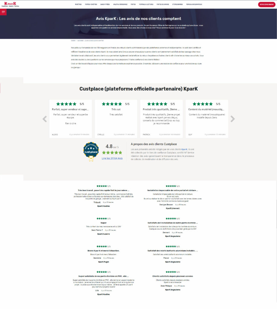 L'image est une capture d'écran de la page des avis clients pour KparK sur le site de Custplace. En haut, on voit l'en-tête du site avec le logo de KparK, suivi du titre "Avis KparK : Les avis de nos clients comptent". La section principale affiche le score global de satisfaction avec des étoiles (5/5), des citations d'avis clients satisfaits et un score de 4.8/5 montré sur le logo de Custplace avec un lien pour lire tous les 3116 avis. Il y a aussi une section "À propos des avis clients Custplace" qui explique les principes de transparence et d'authenticité dans la collecte des avis. En dessous, différents avis de clients sont présentés en détail, avec des notes de satisfaction et des commentaires sur l'expérience des clients avec KparK.