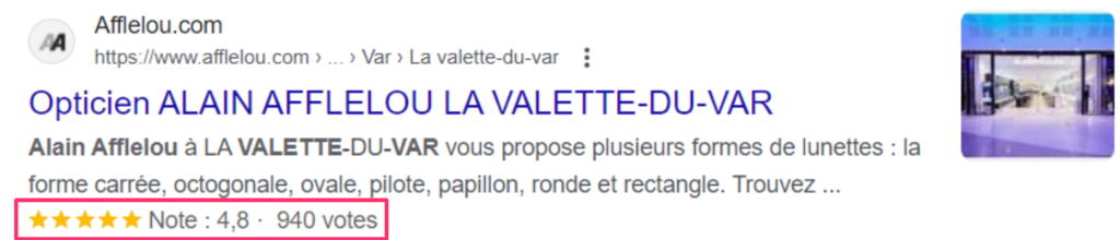 Affichage des rich snippets de Alain Afflelou.