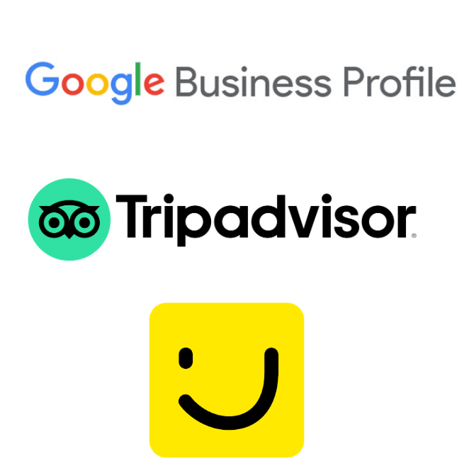 Logos des plateformes d'avis clients : Google Business Profile, TripAdvisor, et Pages Jaunes, utilisées pour la gestion de la e-réputation des entreprises