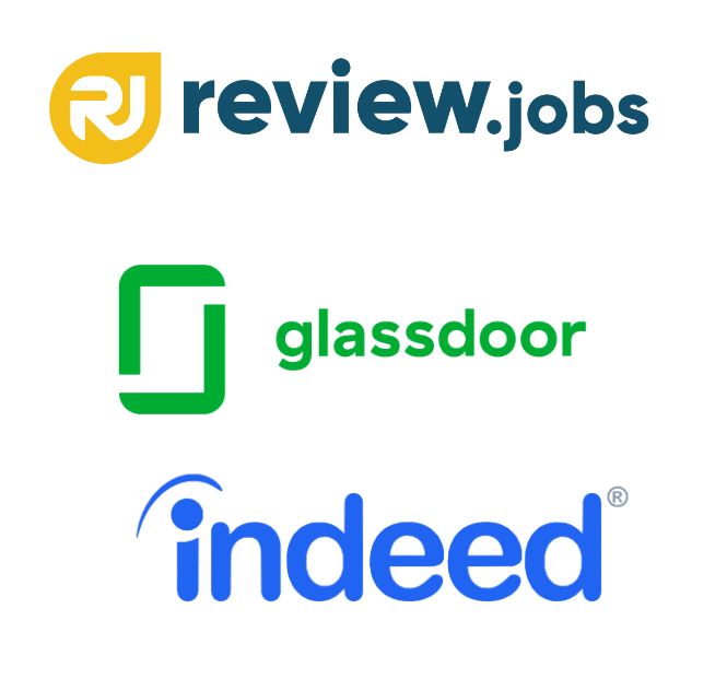 Logos des plateformes d'avis salariés : Review.jobs, Glassdoor, et Indeed, où les employés peuvent laisser des avis sur leur expérience de travail