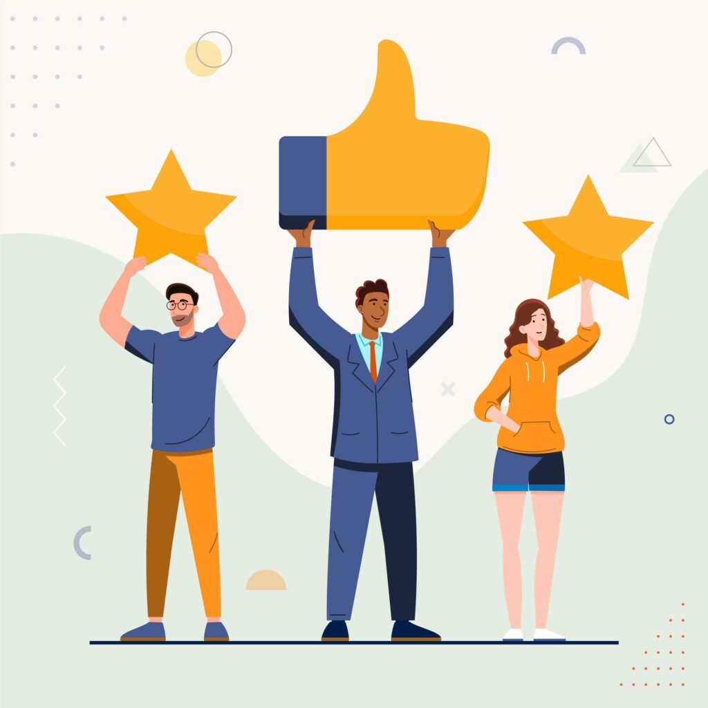 Réactions positives aux avis Google Trois personnes réagissant positivement à des Google