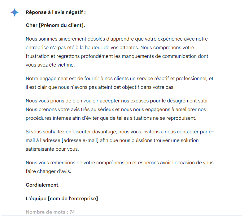 Réponse fournie par Gemini en réponse à un avis client authentifié négatif.






