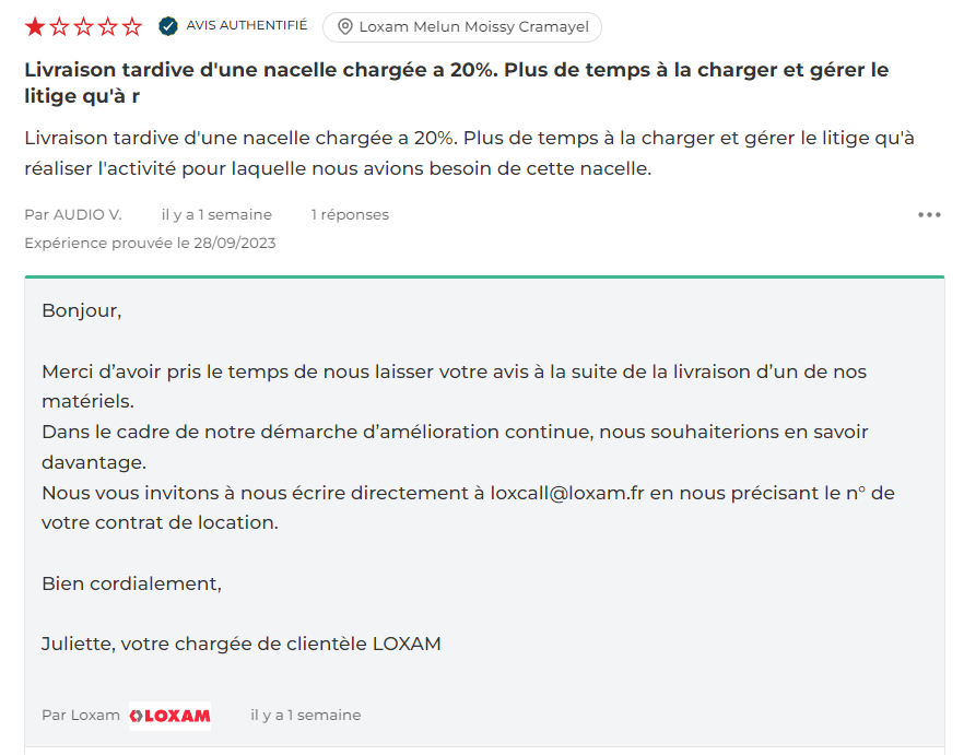 Exemple de réponse à un avis Google négatif suite à un retard de Livraison