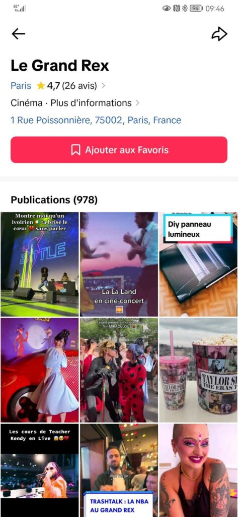 Affichage des avis clients du Grand Rex sur Tiktok