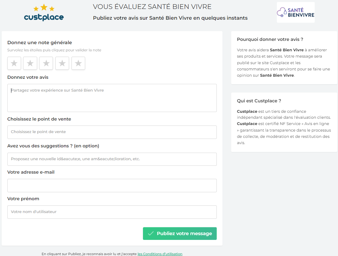 Page d'évaluation client sur Custplace pour la marque 'Santé Bien Vivre' invitant les clients à évaluer leur expérience avec la marque.