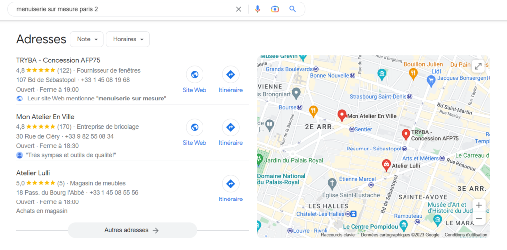 Capture d'écran d'un Google Local Pack montrant trois adresses de menuiseries sur mesure à Paris 2