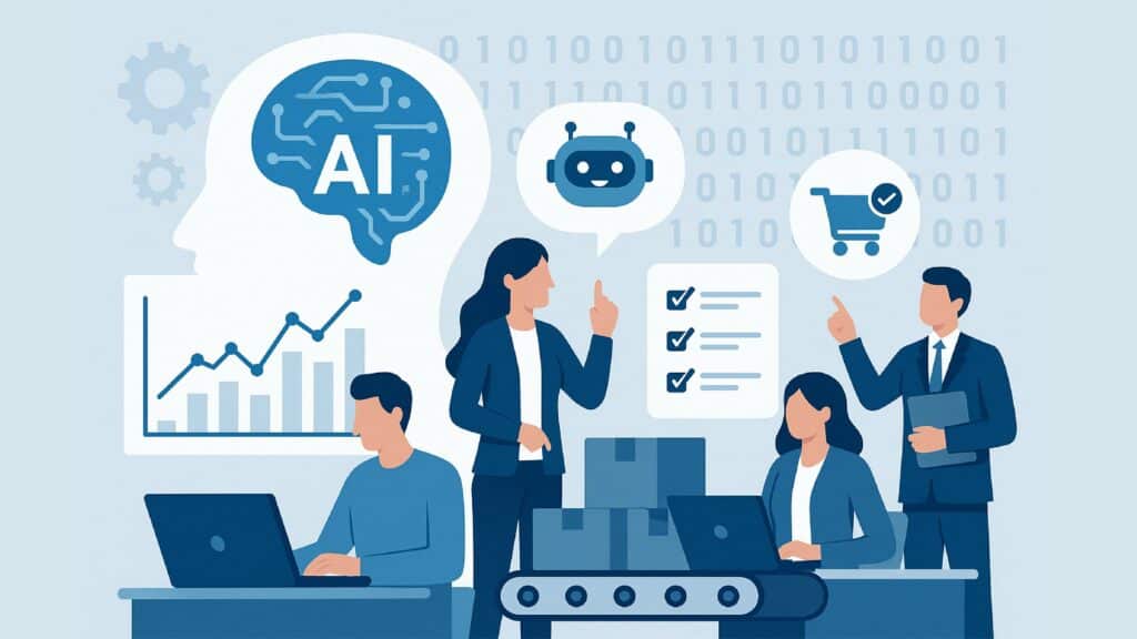 Illustration de l’impact de l’IA sur le processus d’achat : automatisation, analyse prédictive et chatbot.