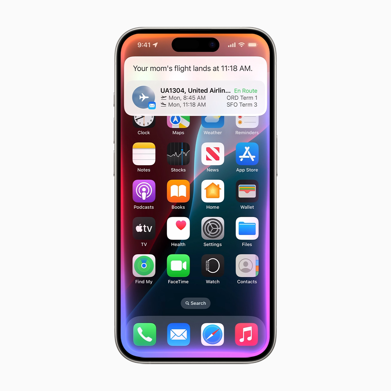 iPhone affichant l’écran d’accueil iOS avec une notification de suivi de vol en haut de l’écran.