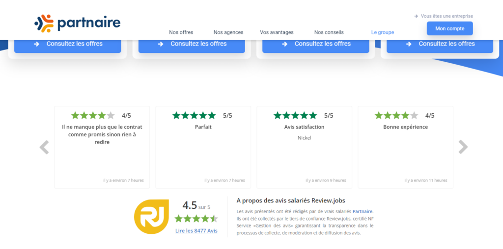affichage des avis salariés de Partnaire collectés par review.jobs sur le site de Partnaire