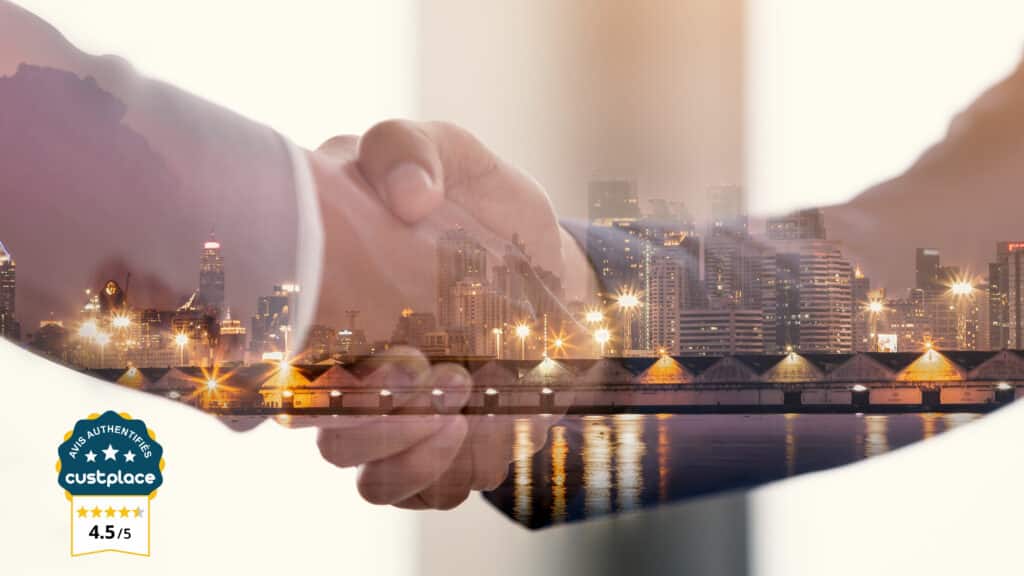 Deux personnes se serrent la main en signe de partenariat, avec une vue de la ville en arrière-plan et un badge Custplace affichant une note de 4,5 sur 5 pour les avis authentifiés.