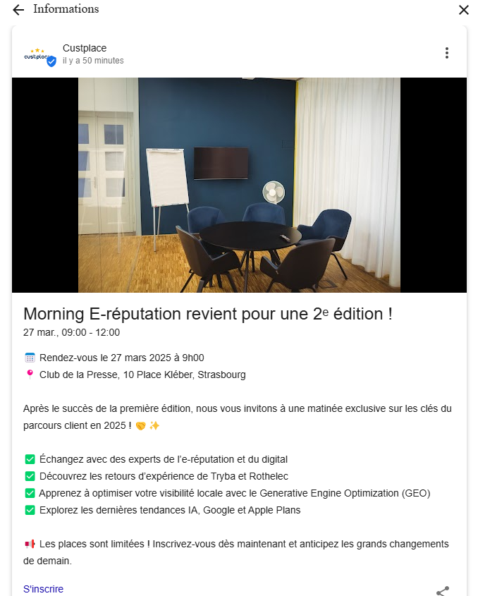 Google Post annonçant la 2e édition du Morning E-réputation, un événement sur l'e-réputation et le digital.
