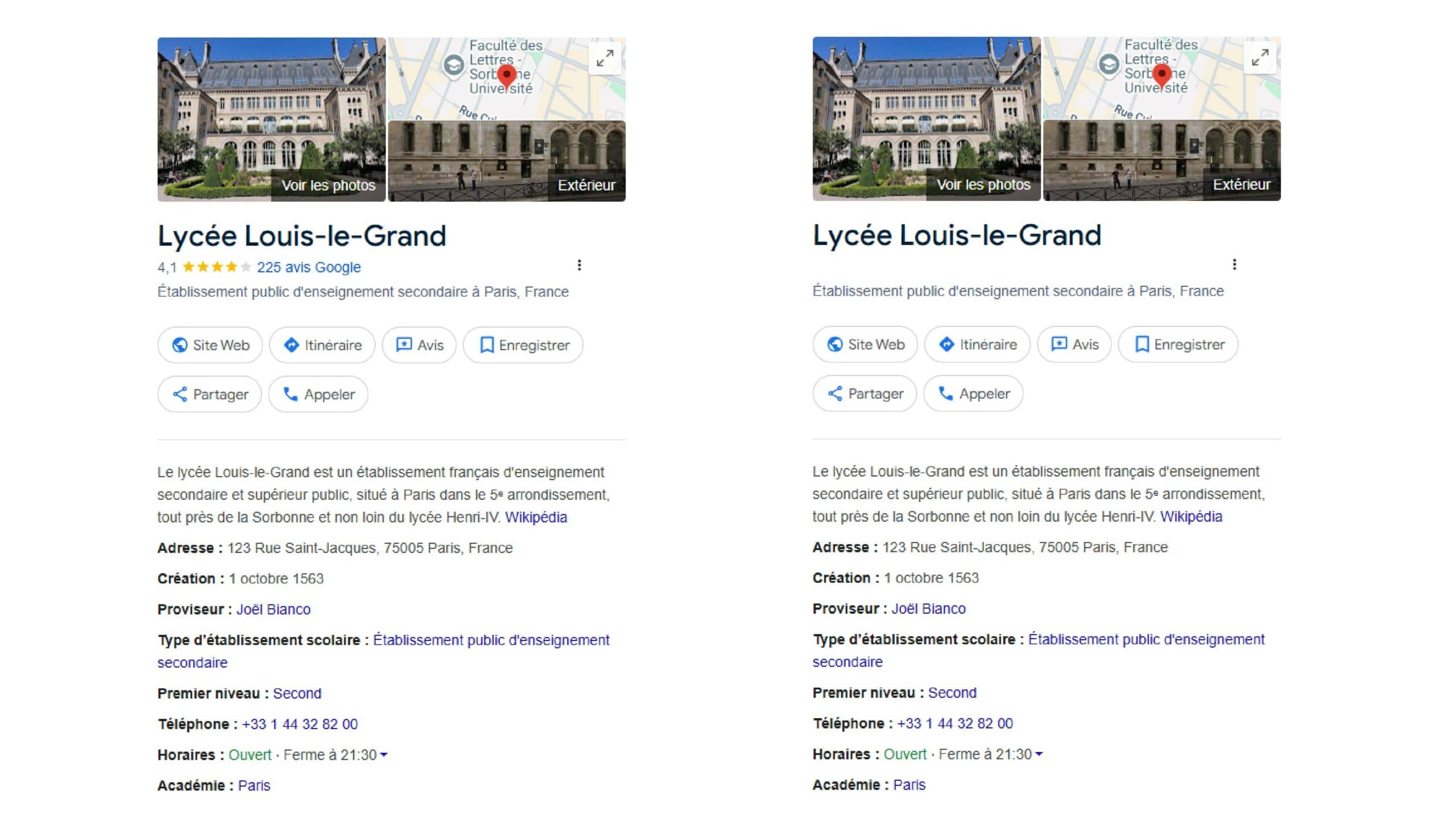 Capture de la fiche Google du lycée Louis-le-Grand avant et après la suppression des avis.