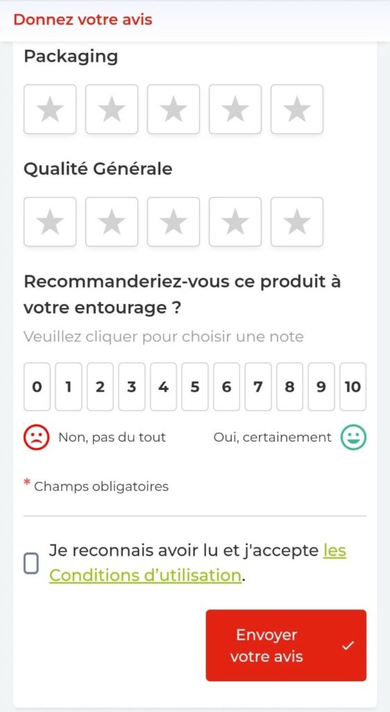 L'image affiche la suite d'un formulaire en ligne pour donner un avis sur un produit de la marque Herta. Tous les champs marqués d'une étoile rouge sont obligatoires pour compléter le formulaire.